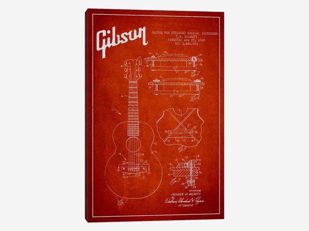 Gibson Stringed Red Patent Blueprint by Aged Pixel 1-piece Canvas Art