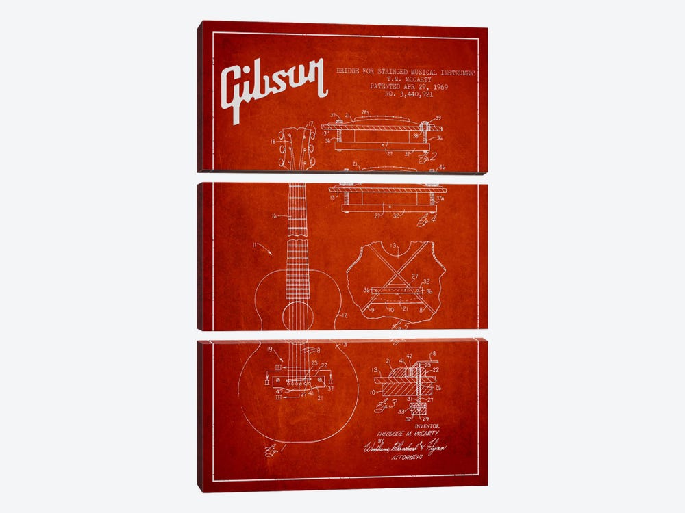 Gibson Stringed Red Patent Blueprint by Aged Pixel 3-piece Canvas Art