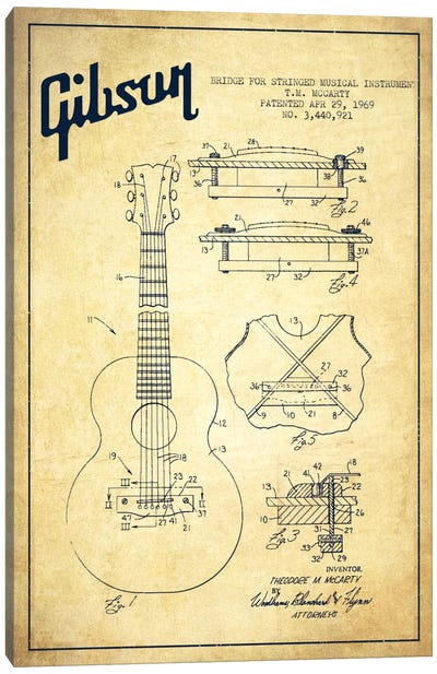 Gibson Stringed Vintage Patent Blueprint Canvas Art Print - Aged Pixel: Music