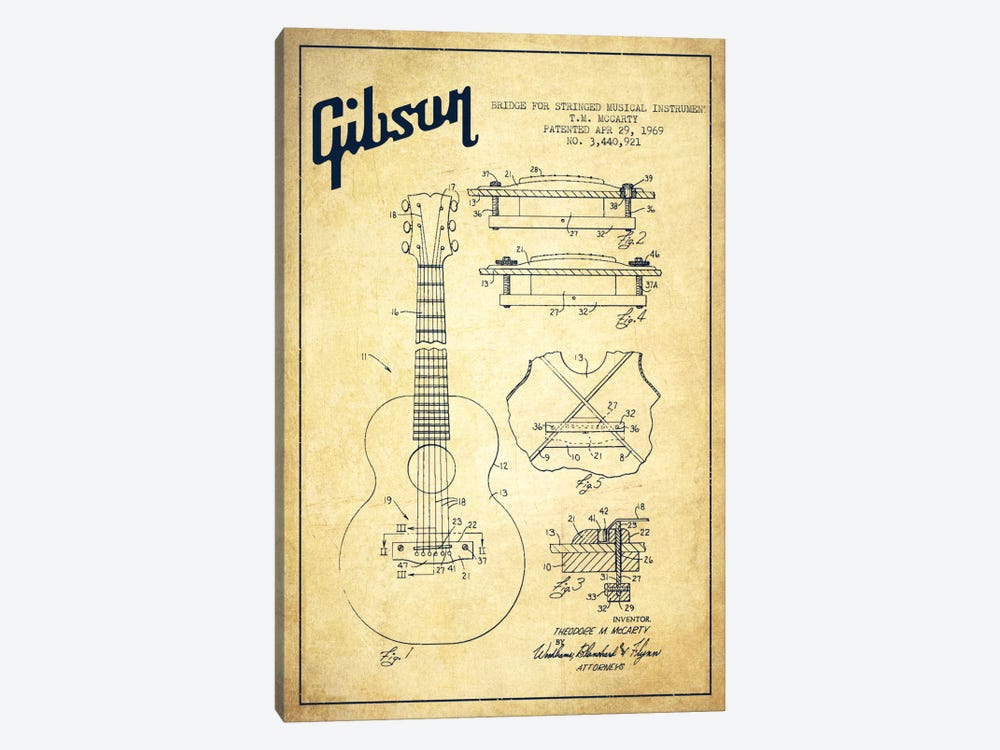 Gibson Stringed Vintage Patent Blueprint by Aged Pixel 1-piece Canvas Print