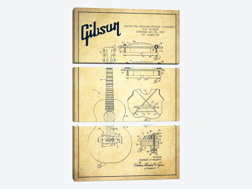 Gibson Stringed Vintage Patent Blueprint by Aged Pixel 3-piece Art Print