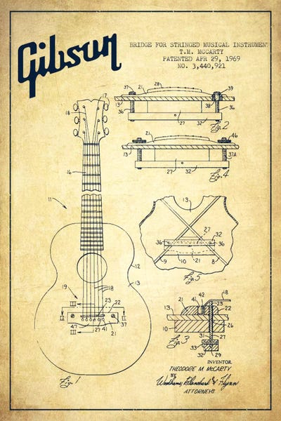Music Blueprints: Gibson Stringed Vintage Patent Blueprint by Aged Pixel