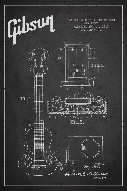 Gibson Eguitar Charcoal Patent Blueprint