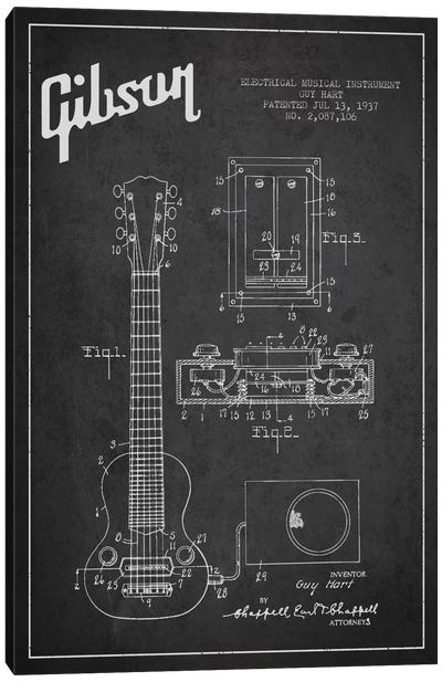 Gibson Eguitar Charcoal Patent Blueprint Canvas Art Print - Aged Pixel: Music