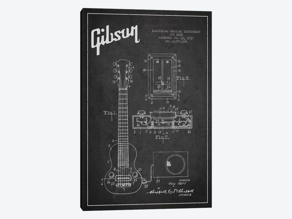 Gibson Eguitar Charcoal Patent Blueprint by Aged Pixel 1-piece Canvas Wall Art