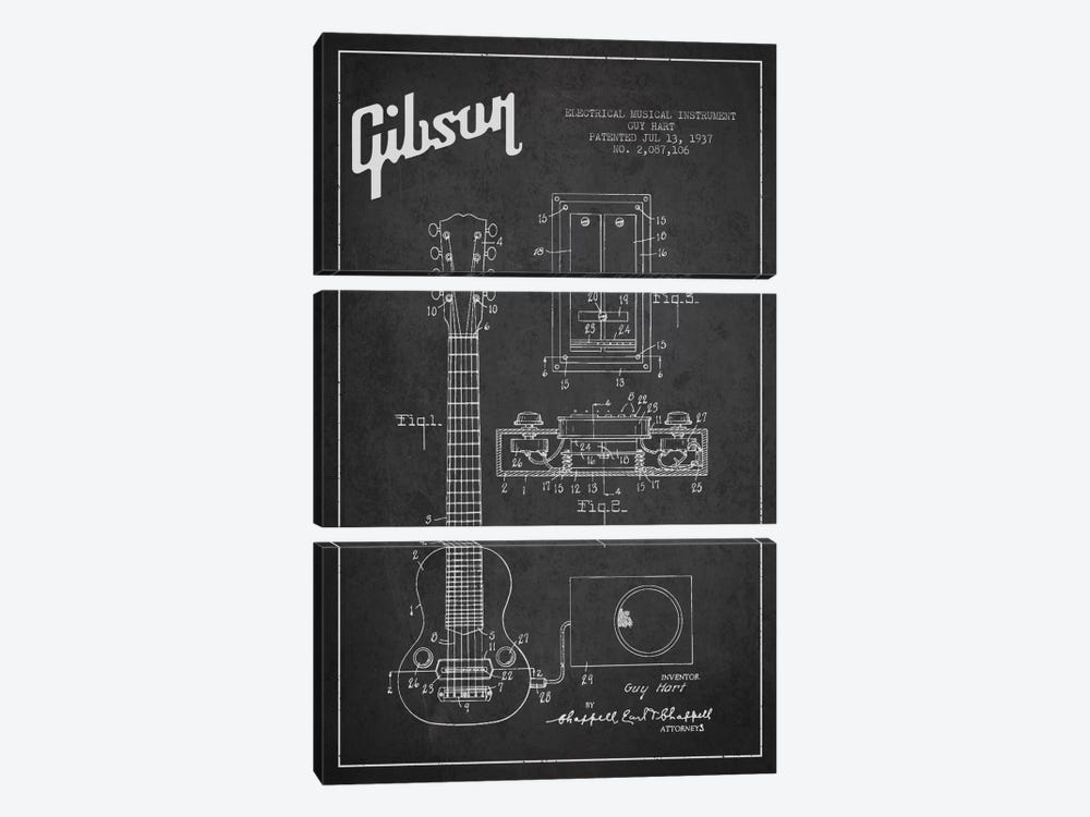 Gibson Eguitar Charcoal Patent Blueprint by Aged Pixel 3-piece Canvas Wall Art