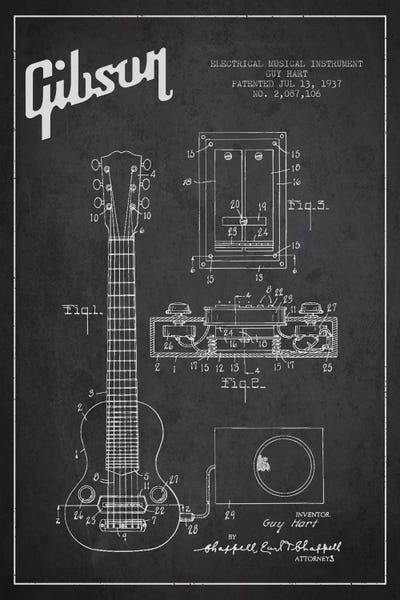 Music Blueprints: Gibson Eguitar Charcoal Patent Blueprint by Aged Pixel