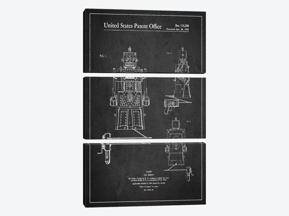 Toy Robot Dark Patent Blueprint by Aged Pixel 3-piece Canvas Artwork