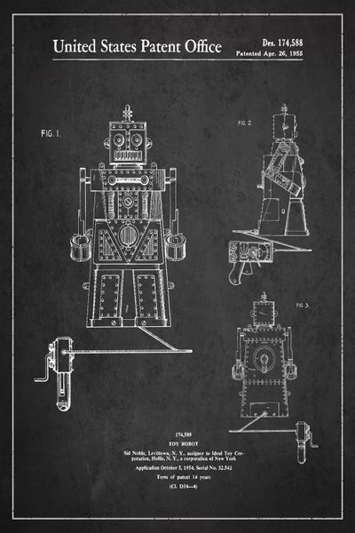 Black & White Pop Culture Art: Toy Robot Dark Patent Blueprint by Aged Pixel