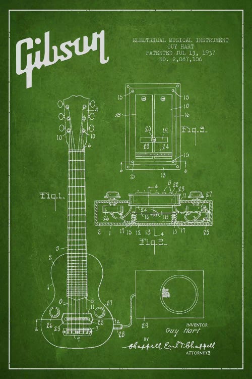 Gibson Eguitar Green Patent Blueprint by Aged Pixel wall art