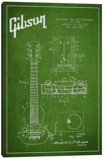Gibson Eguitar Green Patent Blueprint Canvas Art Print - Aged Pixel: Music