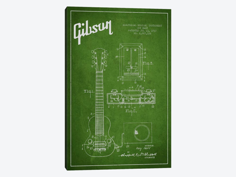 Gibson Eguitar Green Patent Blueprint by Aged Pixel 1-piece Canvas Artwork