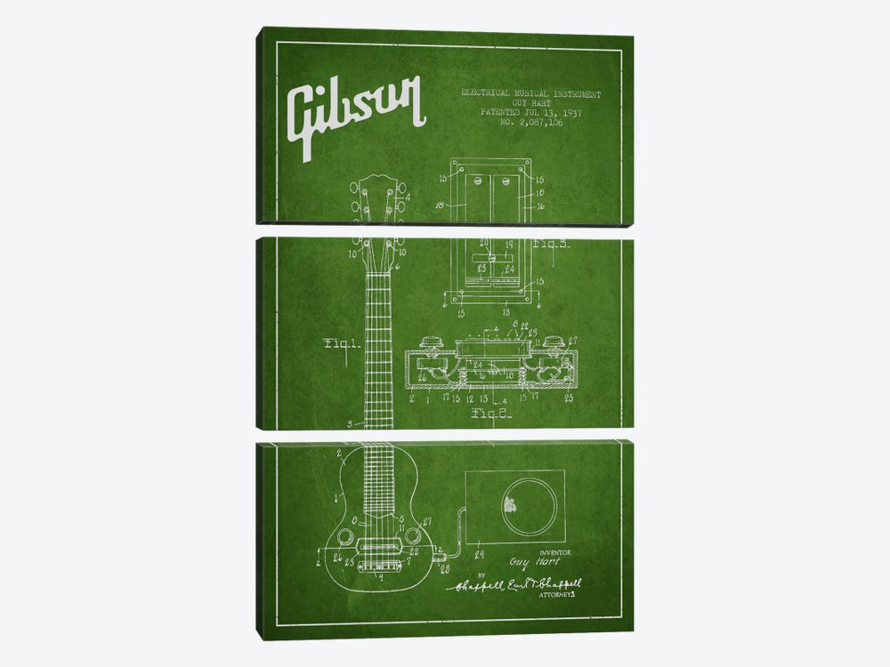 Gibson Eguitar Green Patent Blueprint by Aged Pixel 3-piece Canvas Art