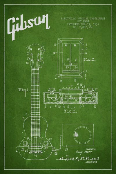 Music Blueprints: Gibson Eguitar Green Patent Blueprint by Aged Pixel