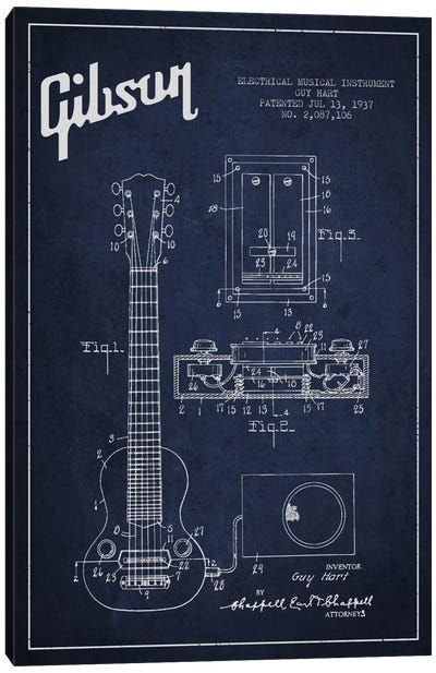 Gibson Eguitar Navy Blue Patent Blueprint Canvas Art Print - Music Blueprints