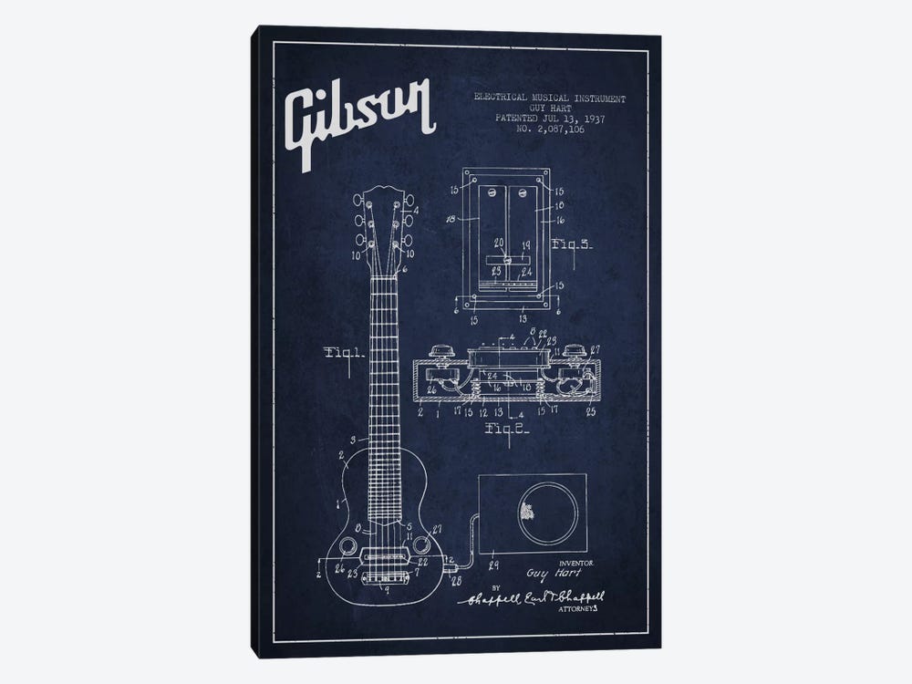 Gibson Eguitar Navy Blue Patent Blueprint by Aged Pixel 1-piece Canvas Print