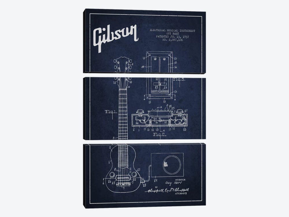 Gibson Eguitar Navy Blue Patent Blueprint by Aged Pixel 3-piece Art Print