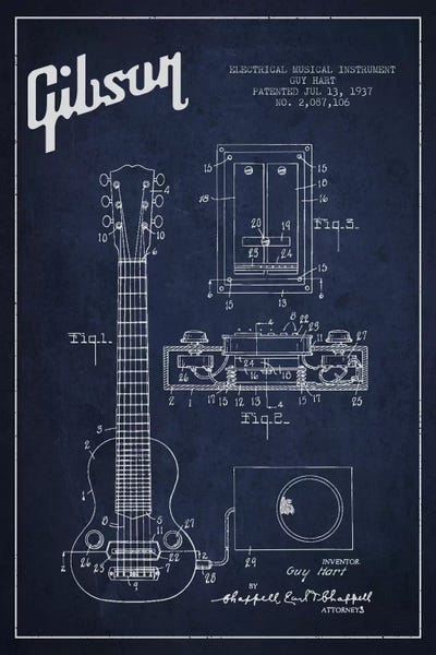 Music Blueprints: Gibson Eguitar Navy Blue Patent Blueprint by Aged Pixel