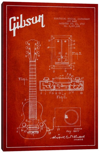 Gibson Eguitar Red Patent Blueprint Canvas Art Print - Music Blueprints