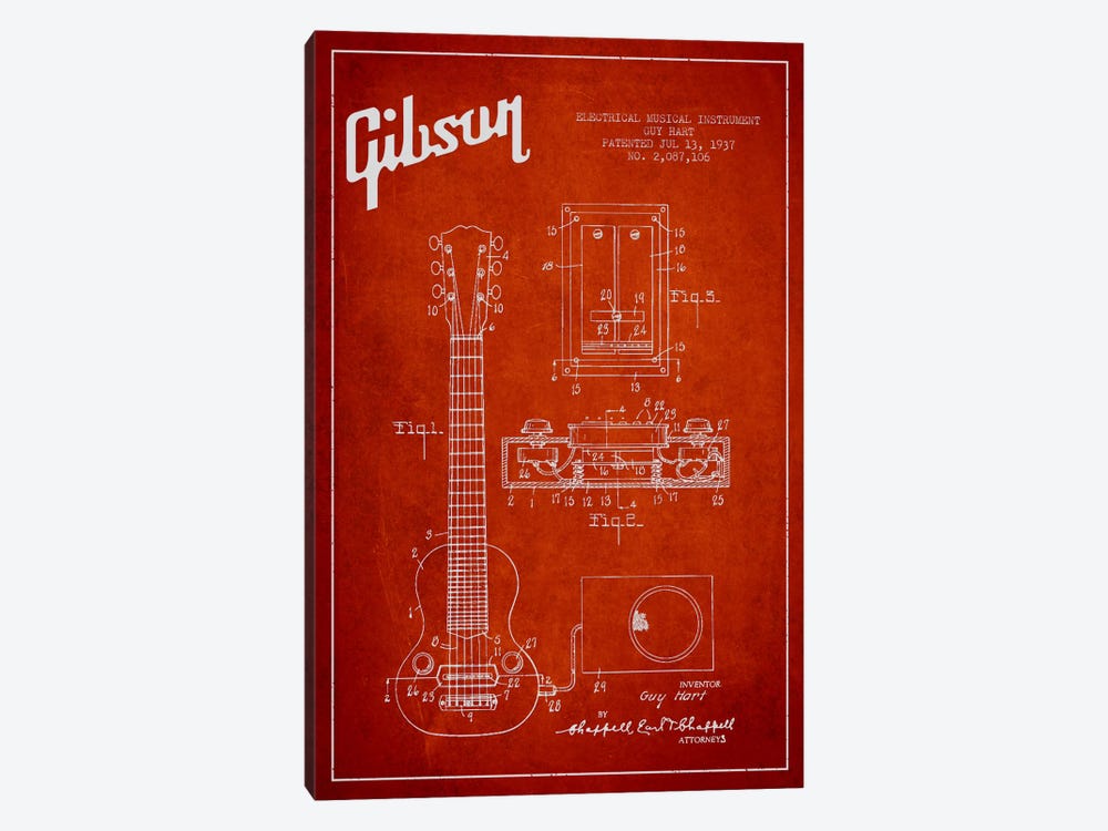 Gibson Eguitar Red Patent Blueprint by Aged Pixel 1-piece Canvas Art