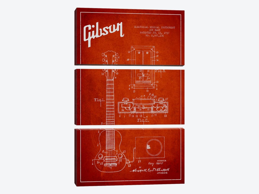 Gibson Eguitar Red Patent Blueprint by Aged Pixel 3-piece Canvas Art