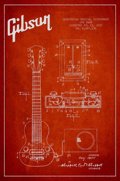 Music Blueprints: Gibson Eguitar Red Patent Blueprint by Aged Pixel
