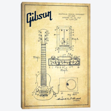 Gibson Eguitar Vintage Patent Blueprint Canvas Print #ADP973} by Aged Pixel Canvas Print