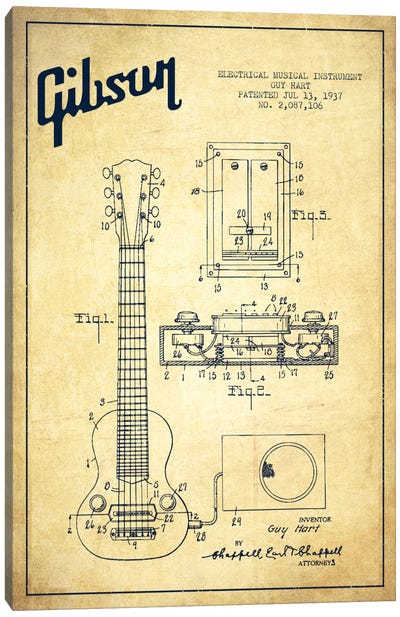 Gibson Eguitar Vintage Patent Blueprint Canvas Art Print - Music Blueprints