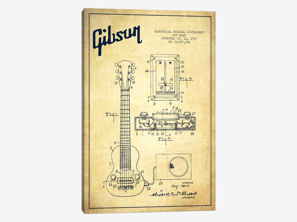 Gibson Eguitar Vintage Patent Blueprint by Aged Pixel 1-piece Canvas Print