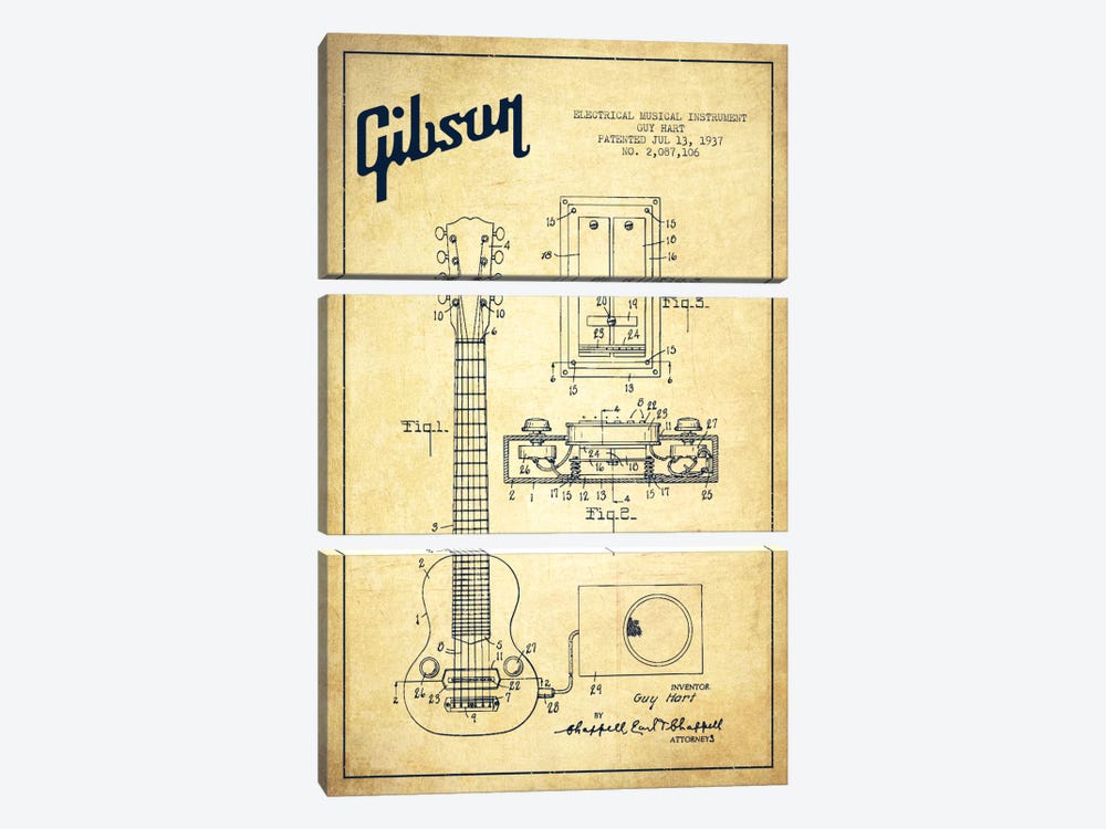 Gibson Eguitar Vintage Patent Blueprint by Aged Pixel 3-piece Art Print