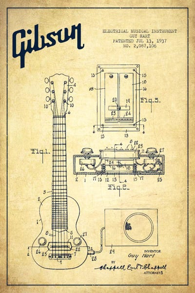 Music Blueprints: Gibson Eguitar Vintage Patent Blueprint by Aged Pixel