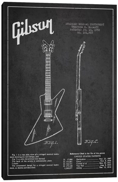 Gibson Electric Guitar Charcoal Patent Blueprint Canvas Art Print - Aged Pixel: Music