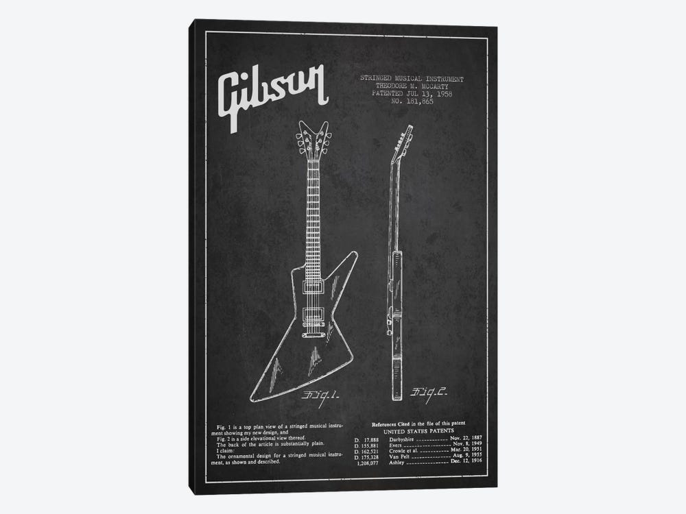 Gibson Electric Guitar Charcoal Patent Blueprint by Aged Pixel 1-piece Canvas Artwork