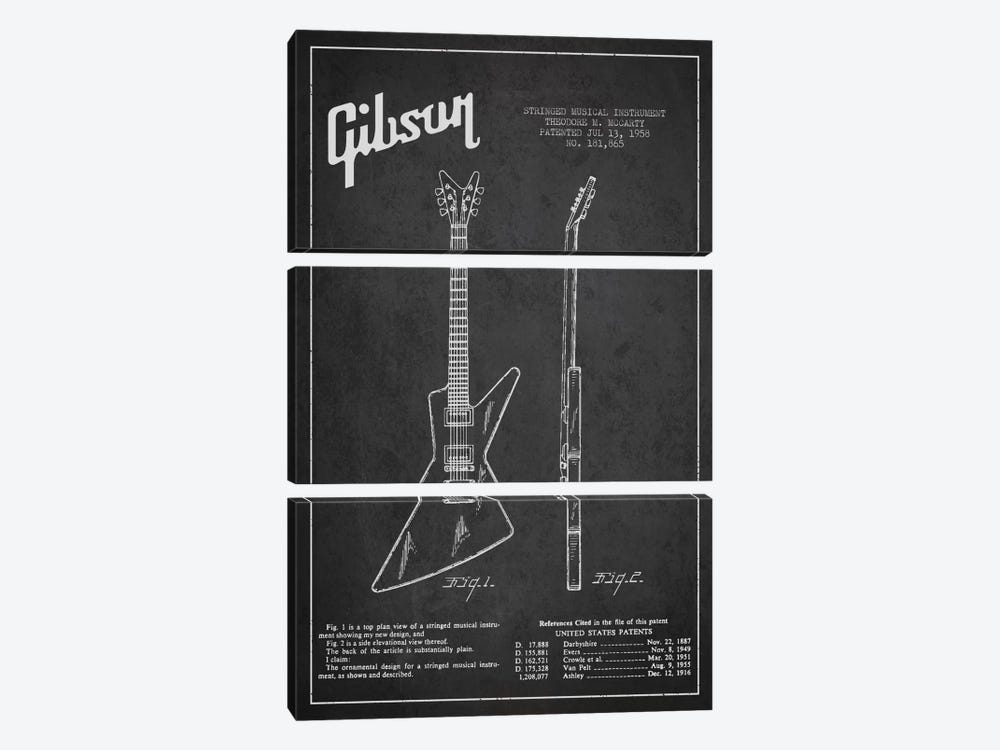 Gibson Electric Guitar Charcoal Patent Blueprint by Aged Pixel 3-piece Canvas Wall Art