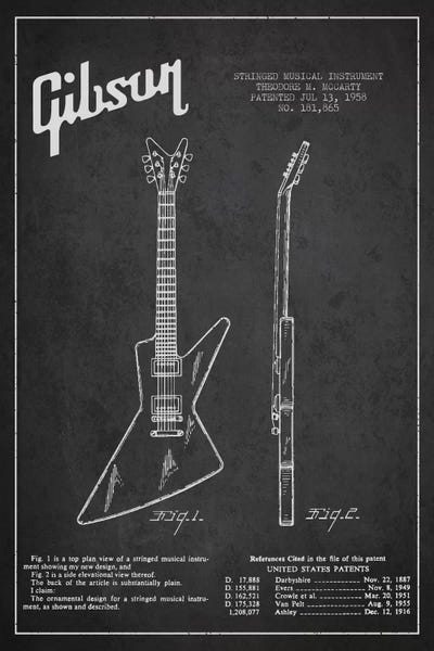 Aged Pixel: Gibson Electric Guitar Charcoal Patent Blueprint by Aged Pixel