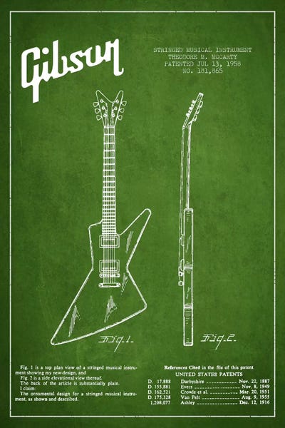 Gibson Electric Guitar Green Patent Blueprint by Aged Pixel metal wall art