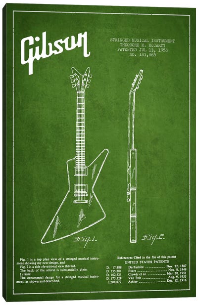 Gibson Electric Guitar Green Patent Blueprint Canvas Art Print - Musical Instrument Art