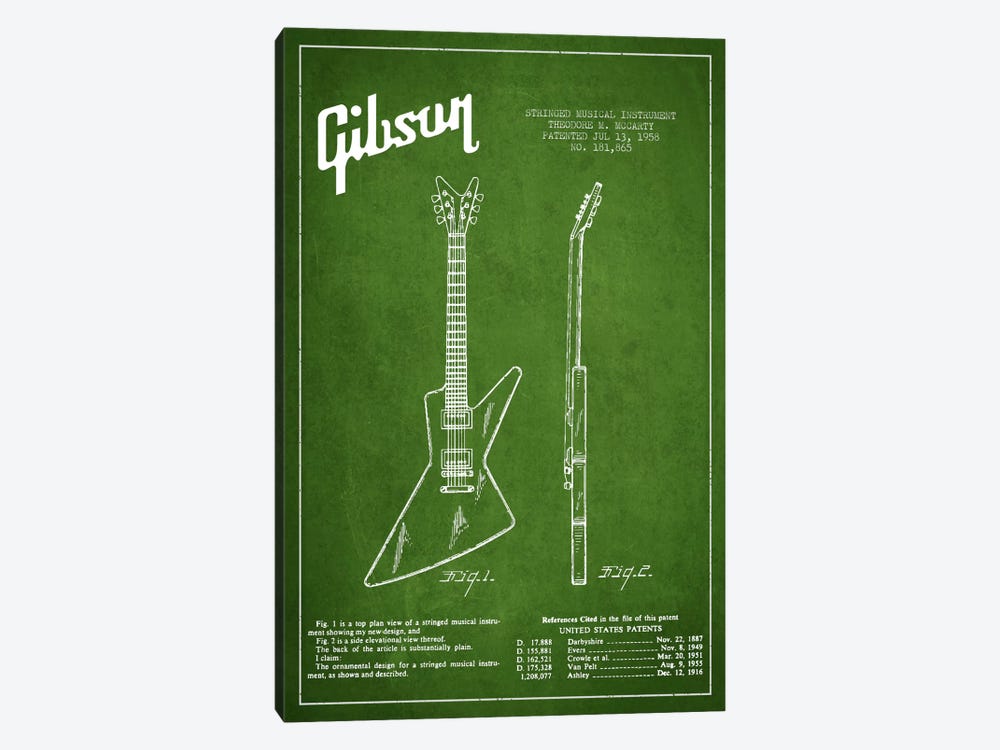 Gibson Electric Guitar Green Patent Blueprint by Aged Pixel 1-piece Canvas Print