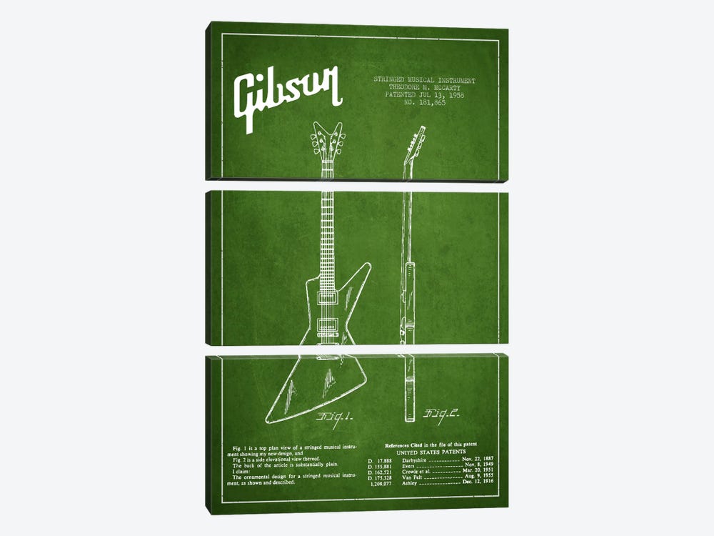 Gibson Electric Guitar Green Patent Blueprint by Aged Pixel 3-piece Canvas Art Print