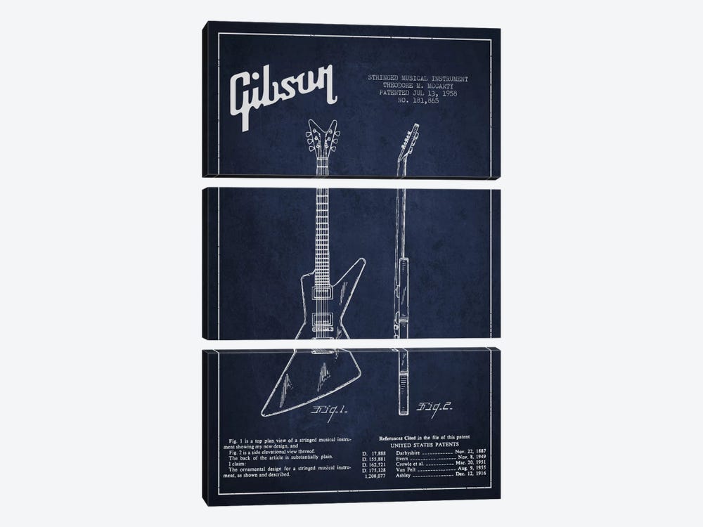 Gibson Electric Guitar Navy Blue Patent Blueprint by Aged Pixel 3-piece Canvas Wall Art