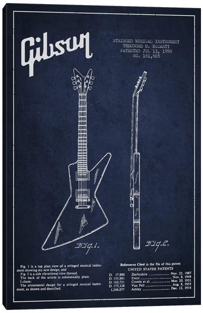 Gibson Electric Guitar Navy Blue Patent Blueprint Canvas Art Print - Music Blueprints