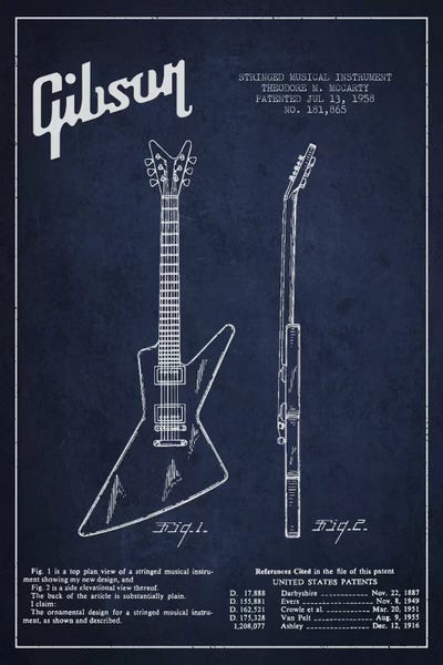 Music Blueprints: Gibson Electric Guitar Navy Blue Patent Blueprint by Aged Pixel