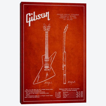 Gibson Electric Guitar Red Patent Blueprint Canvas Print #ADP977} by Aged Pixel Canvas Art