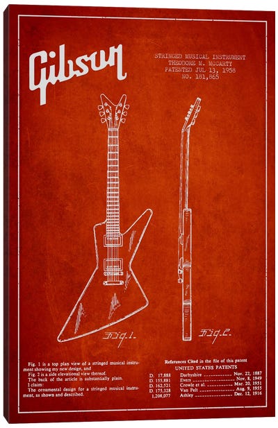 Gibson Electric Guitar Red Patent Blueprint Canvas Art Print - Music Blueprints