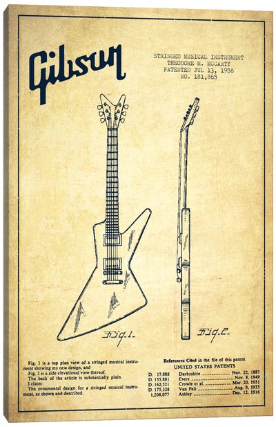 Gibson Electric Guitar Vintage Patent Blueprint Canvas Art Print - Aged Pixel