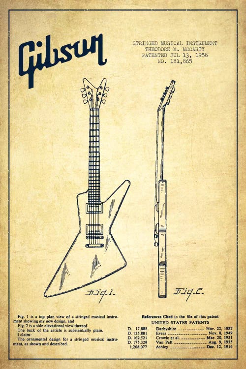 Gibson Electric Guitar Vintage Patent Blueprint