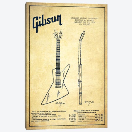 Gibson Electric Guitar Vintage Patent Blueprint Canvas Print #ADP978} by Aged Pixel Canvas Art Print