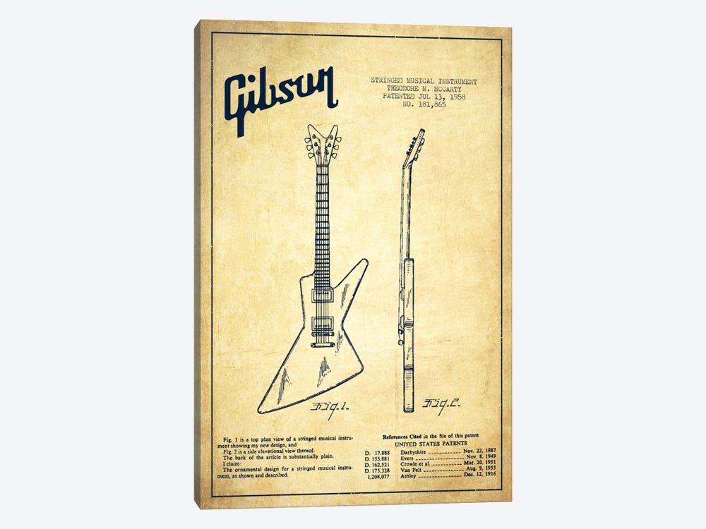 Gibson Electric Guitar Vintage Patent Blueprint by Aged Pixel 1-piece Canvas Wall Art