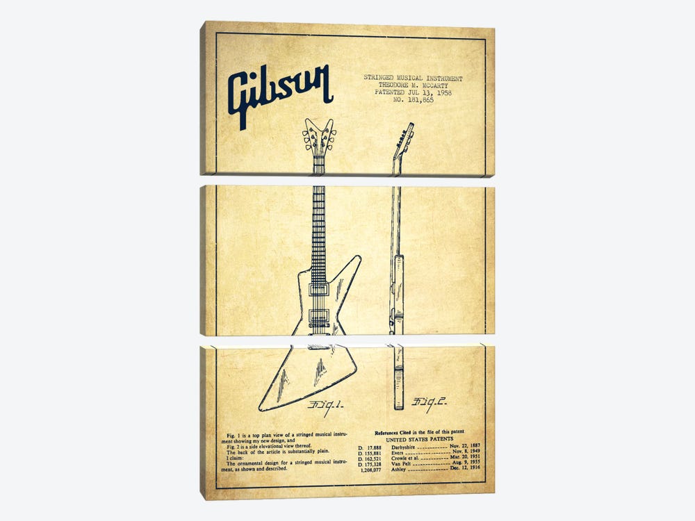 Gibson Electric Guitar Vintage Patent Blueprint 3-piece Canvas Artwork