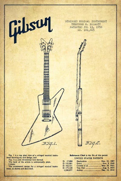Aged Pixel: Gibson Electric Guitar Vintage Patent Blueprint by Aged Pixel